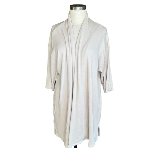 EILEEN FISHER Cream Neutral Ribbed Knit Short Sleeve Open Cardigan Sweater Large - Picture 1 of 5